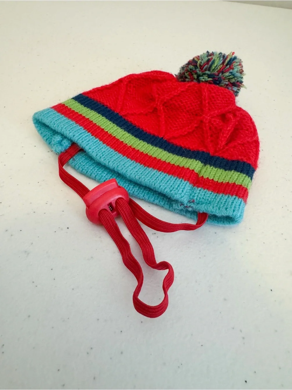Cat or Small Dog Pom-Pom Knit Beanie Hat in Red and Aqua Stripes